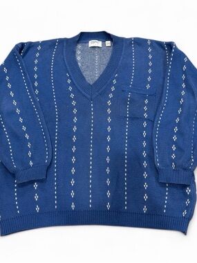 Esprit Men's Royal Blue V-Neck Knit Sweater with White Stitch Detail